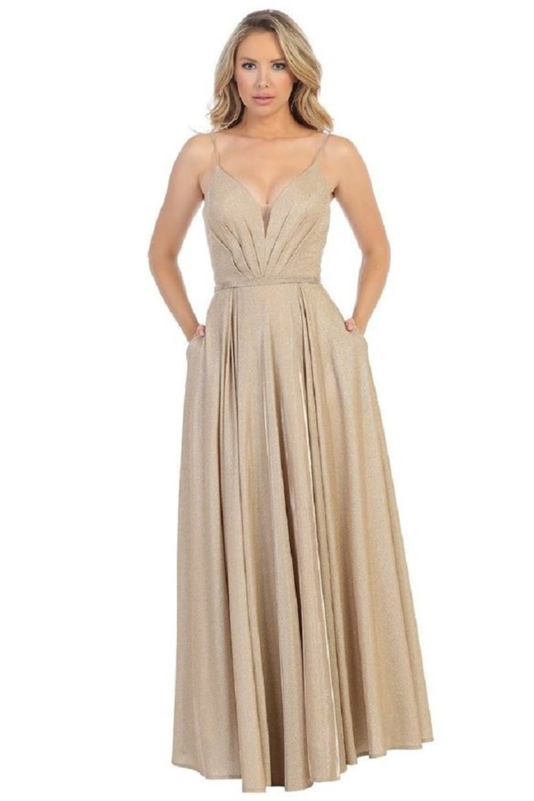 Gold Metallic Pleated Formal Long Dress