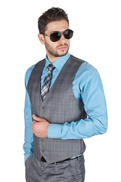 Gray Plaid 5 Button Slim Fit Vest