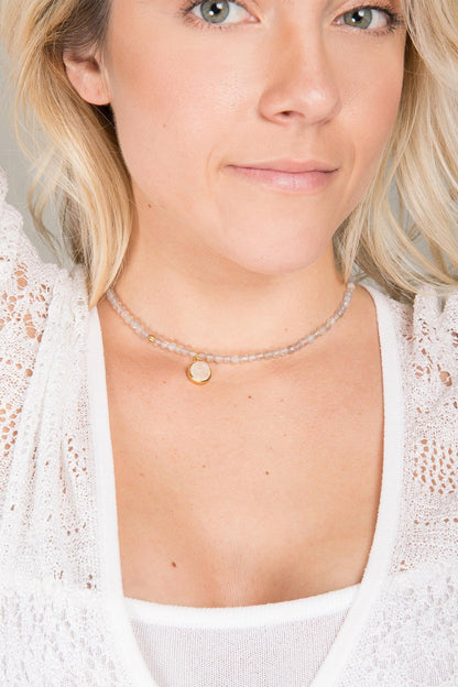 Grey Agate Gemstone Beads Choker with Druzy Pendant