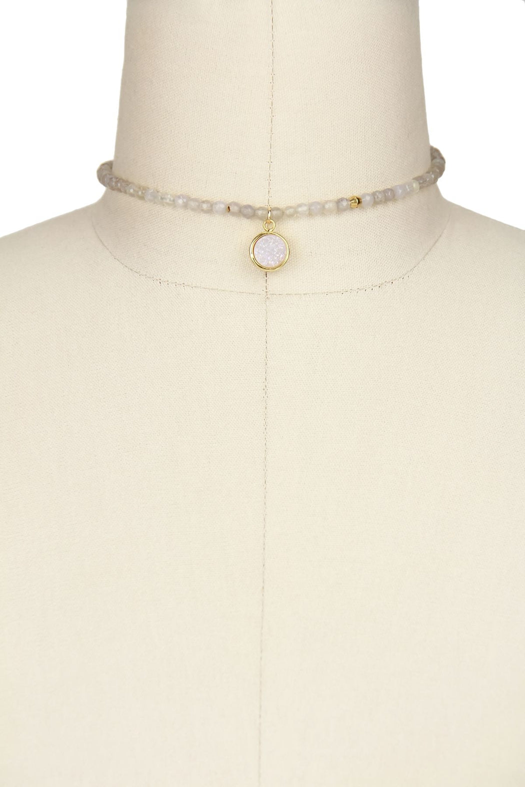 Grey Agate Gemstone Beads Choker with Druzy Pendant