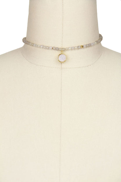 Grey Agate Gemstone Beads Choker with Druzy Pendant