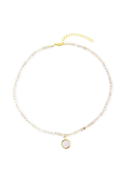 Grey Agate Gemstone Beads Choker with Druzy Pendant