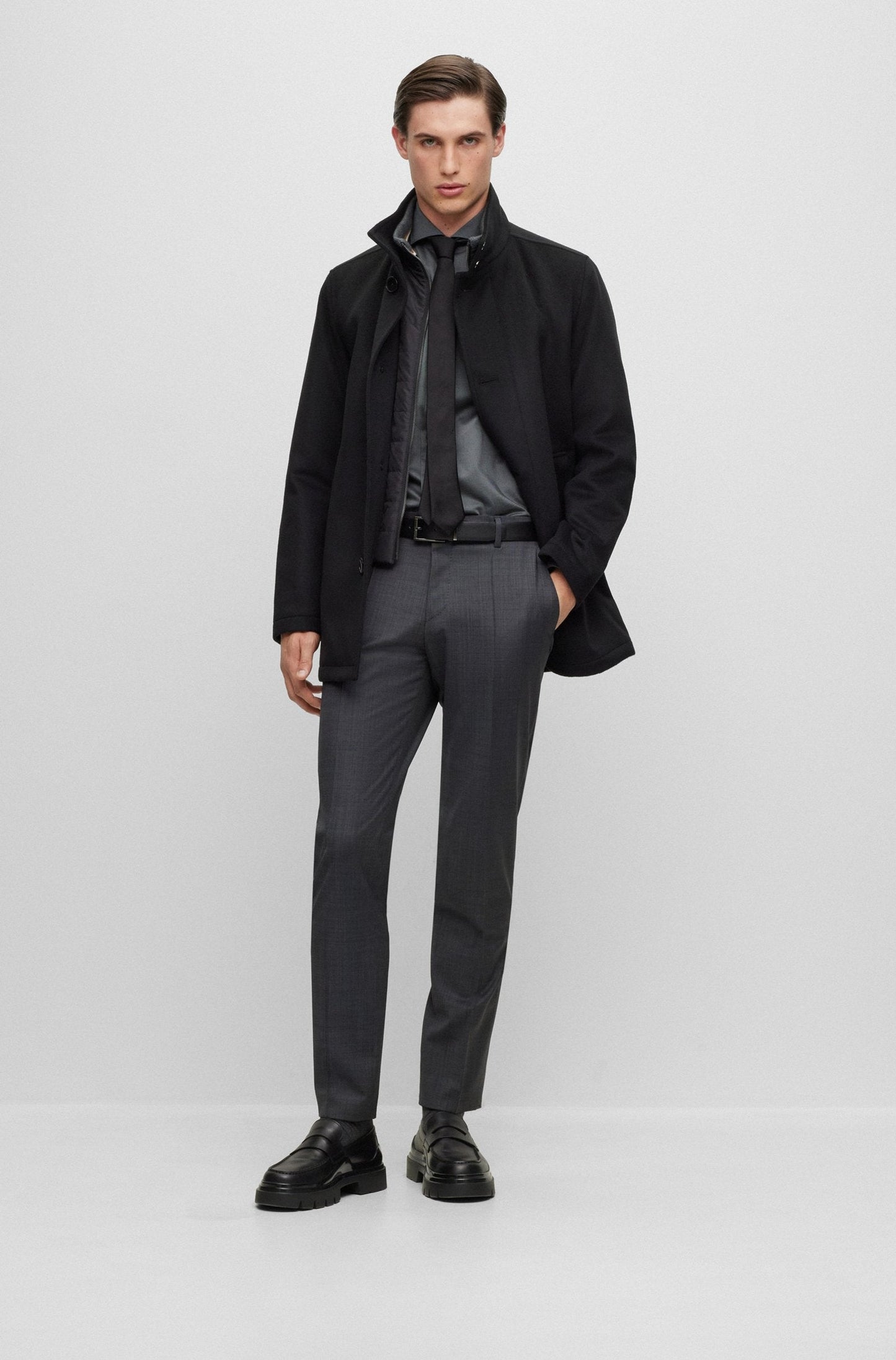 BOSS H-Coxtan Relaxed-Fit Virgin Wool Coat In Black