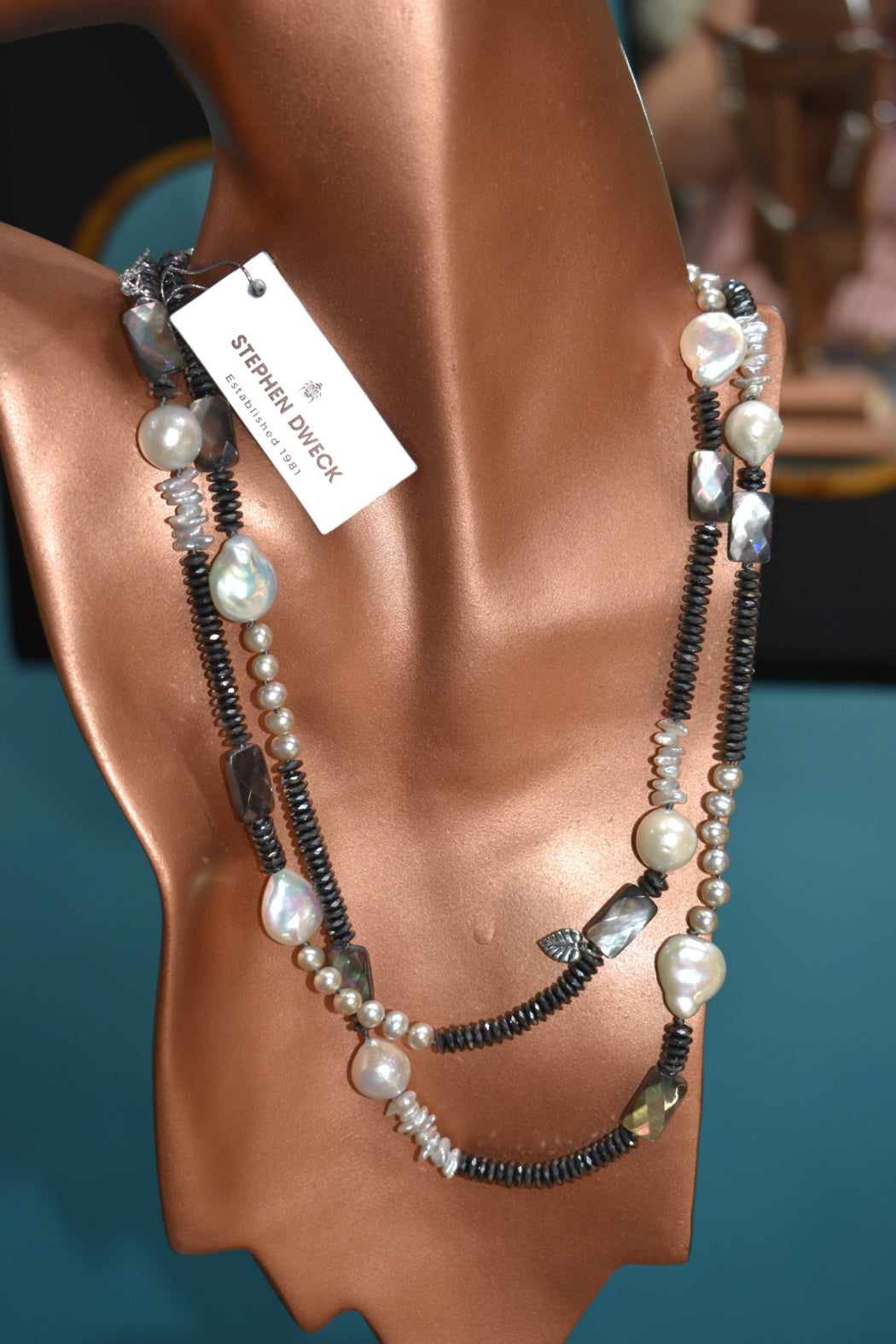 Hematite, Mother of Pearl, Baroque and Keshi Pearl Necklace