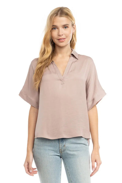 High-Low Collar Matte Satin Blouse