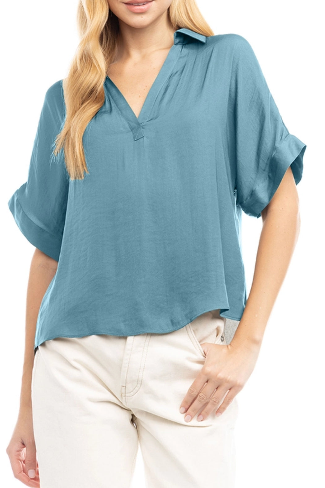 High-Low Collar Matte Satin Blouse