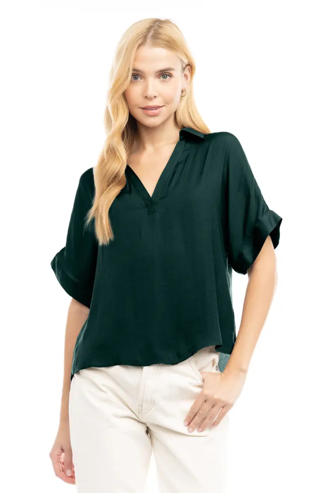 High-Low Collar Matte Satin Blouse