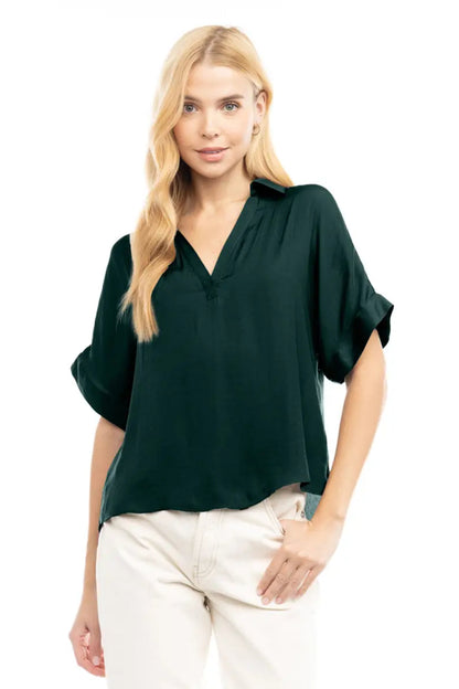High-Low Collar Matte Satin Blouse