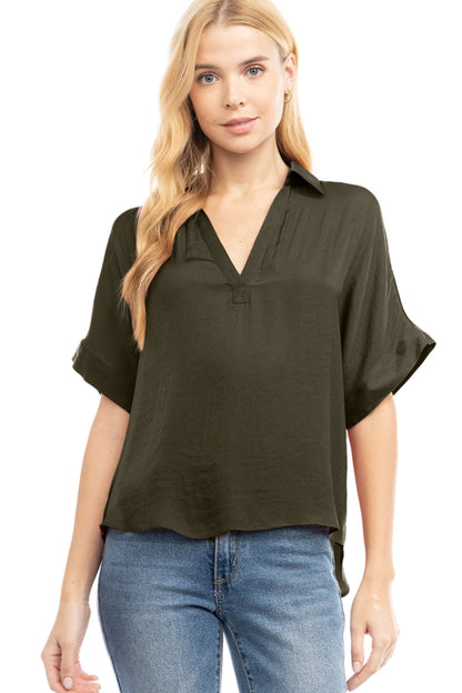 High-Low Collar Matte Satin Blouse