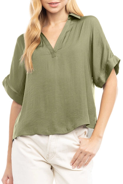 High-Low Collar Matte Satin Blouse