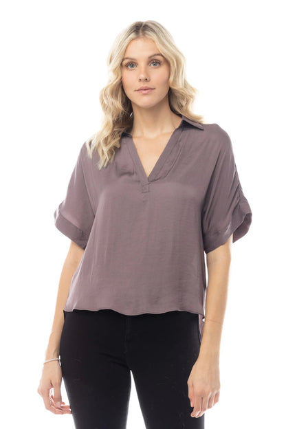 High-Low Collar Matte Satin Blouse