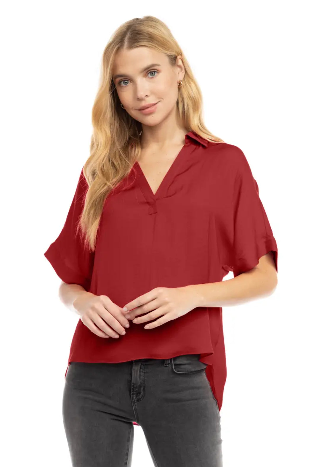 High-Low Collar Matte Satin Blouse