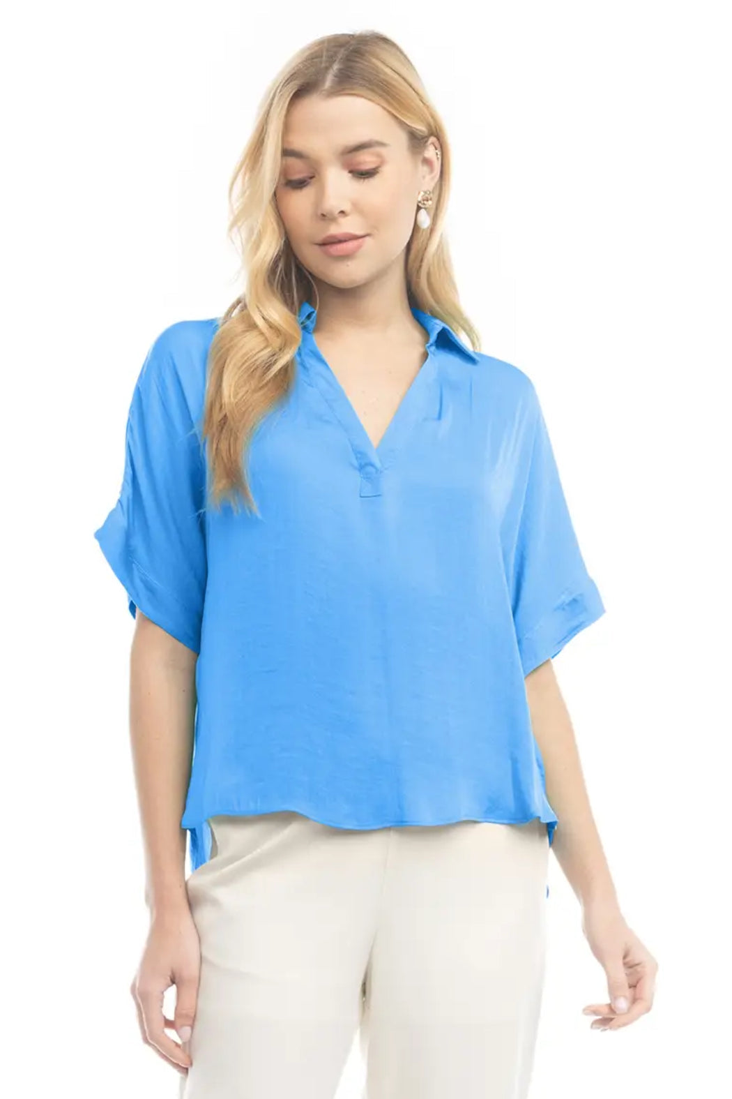 High-Low Collar Matte Satin Blouse