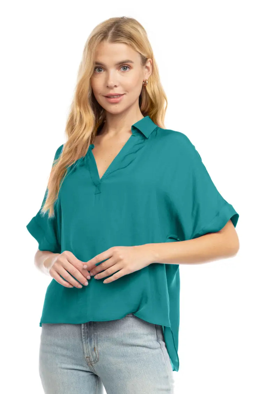High-Low Collar Matte Satin Blouse