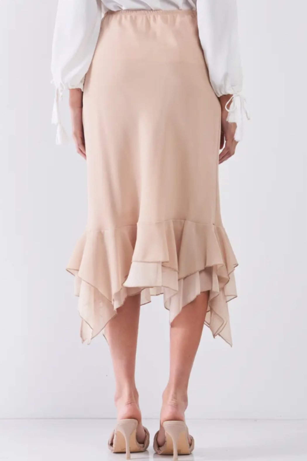 High-Waisted Fitted Asymmetrical Flare Hem Midi Pencil Skirt