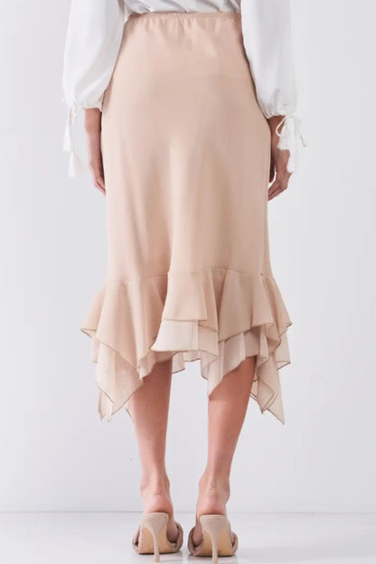 High-Waisted Fitted Asymmetrical Flare Hem Midi Pencil Skirt