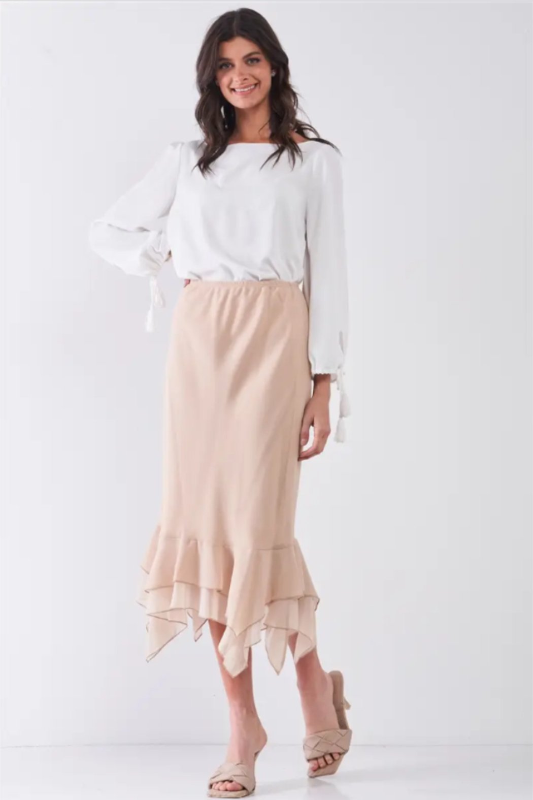 High-Waisted Fitted Asymmetrical Flare Hem Midi Pencil Skirt