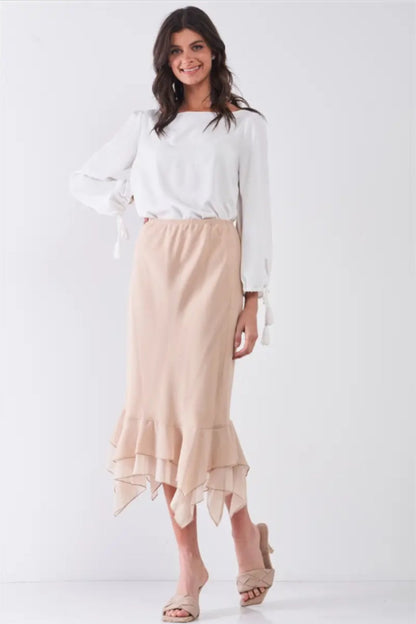 High-Waisted Fitted Asymmetrical Flare Hem Midi Pencil Skirt