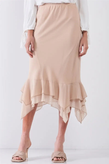 High-Waisted Fitted Asymmetrical Flare Hem Midi Pencil Skirt