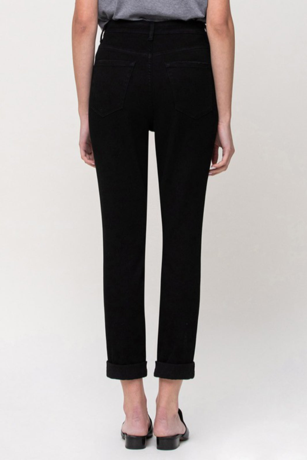 High waisted stretch denim double cuff mom jeans