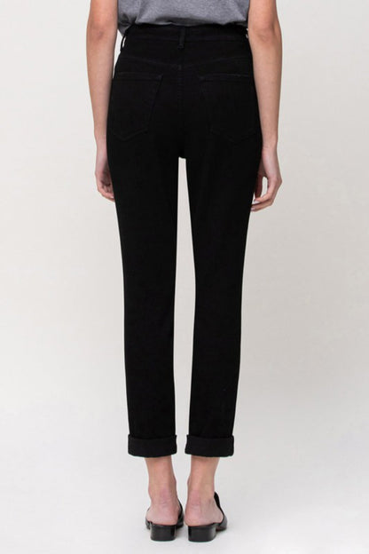 High waisted stretch denim double cuff mom jeans