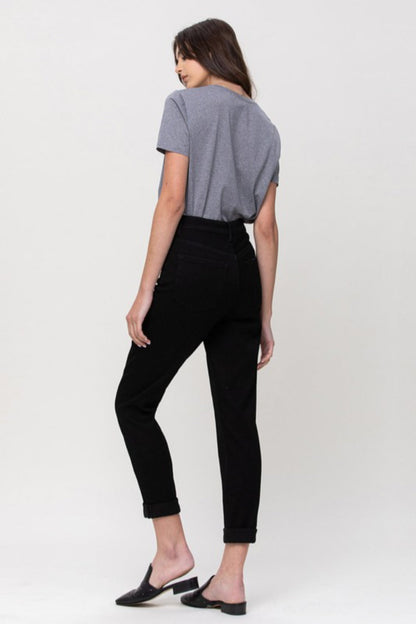 High waisted stretch denim double cuff mom jeans