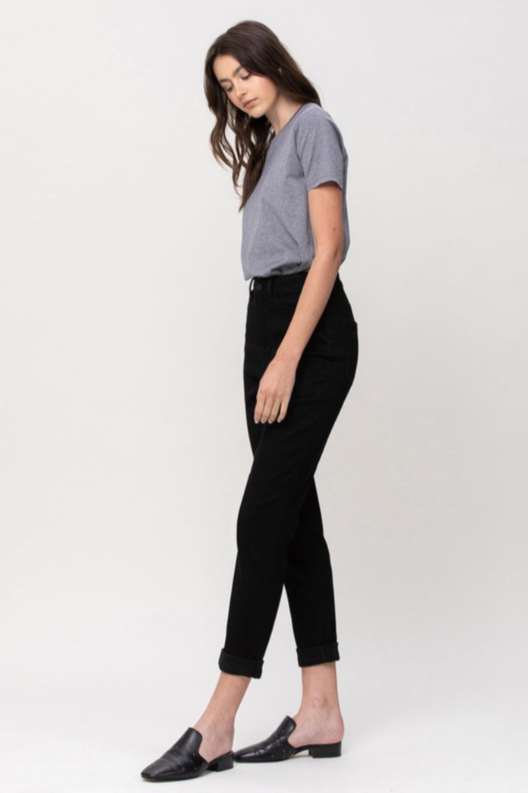 High waisted stretch denim double cuff mom jeans