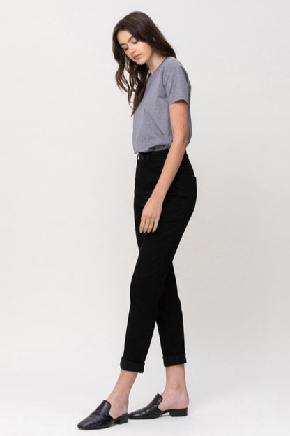High waisted stretch denim double cuff mom jeans