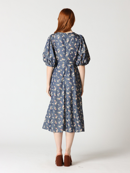 Floral Print Puff Sleeve Round Neck Long Dress - Gracia D32724