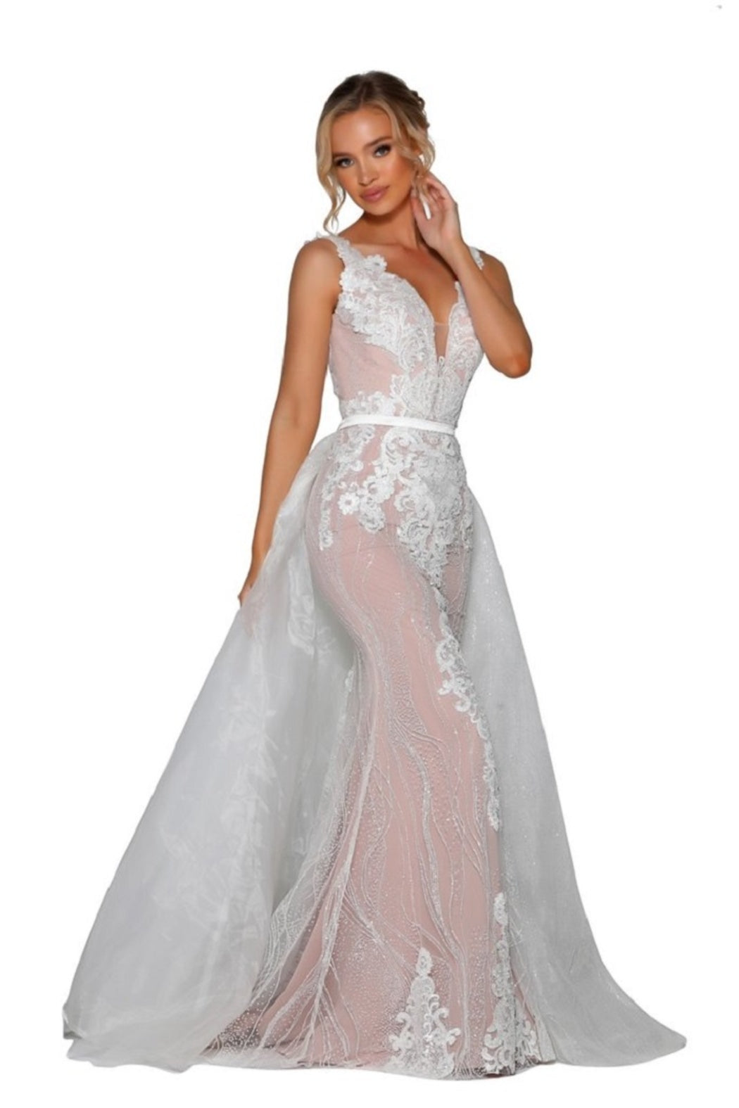 Ivory & Nude Glitter Lace Bridal Gown With Detachable Train