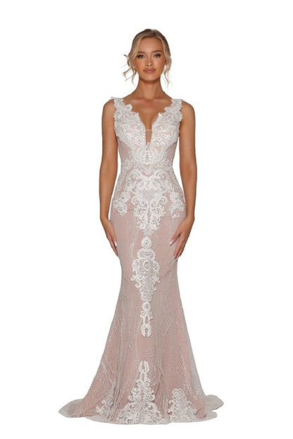 Ivory & Nude Glitter Lace Bridal Gown With Detachable Train