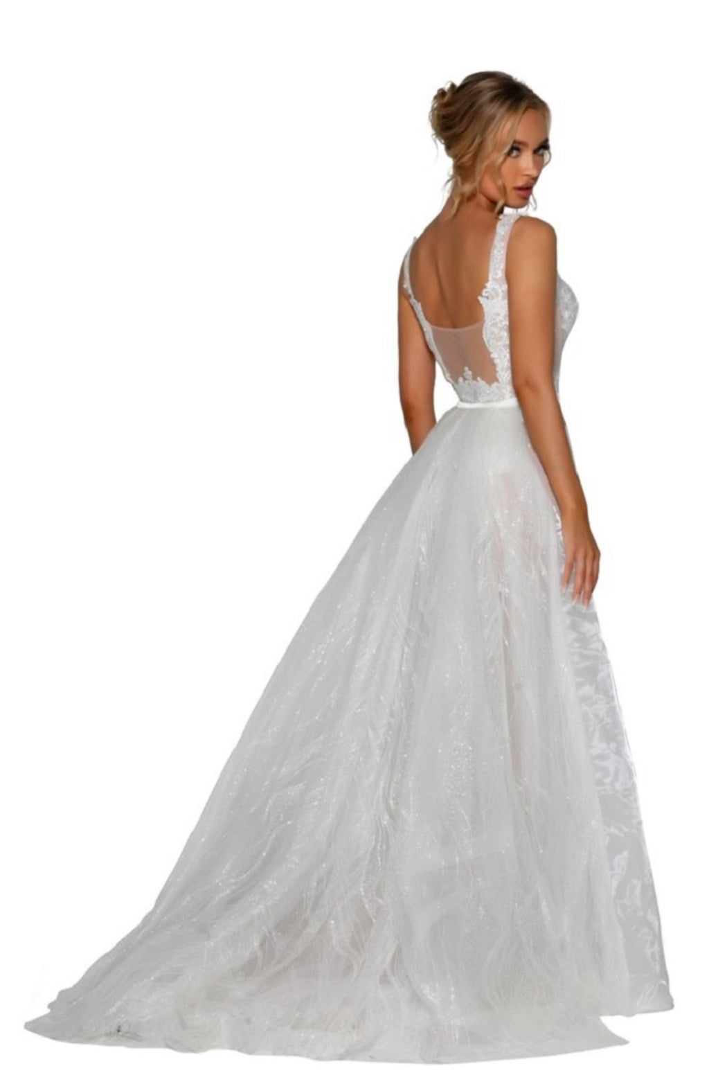 Ivory & Nude Glitter Lace Bridal Gown With Detachable Train