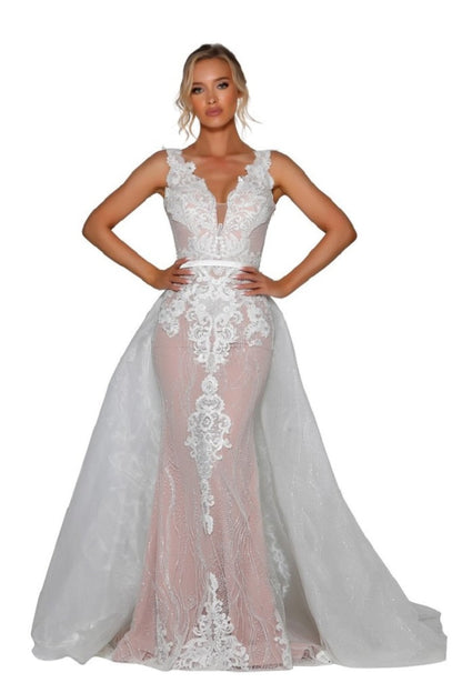 Ivory & Nude Glitter Lace Bridal Gown With Detachable Train