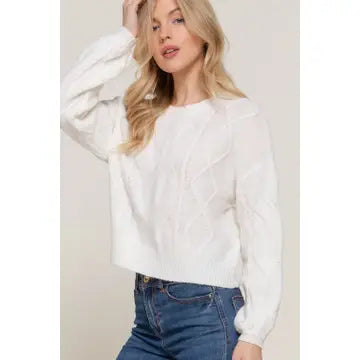 Ivory Long Sleeve Crew Neck Cable Detail Sweater