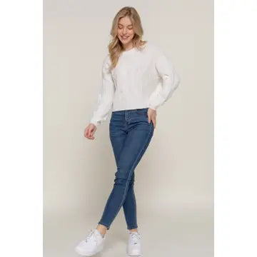 Ivory Long Sleeve Crew Neck Cable Detail Sweater