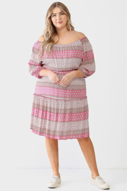 Plus Combo Printed Ruffle Flare Hem Mini Dress