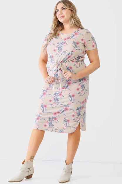Plus Floral Print Short Sleeve Crew Neck Midi Dress