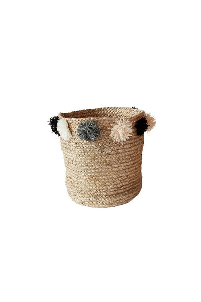 JUTE BRAIDED BASKET W/ POM POMS SMALL