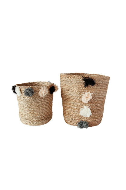 JUTE BRAIDED BASKET W/ POM POMS SMALL