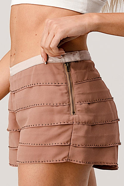 Beaded Scallop Layered Hem Shorts Crepe Georgette