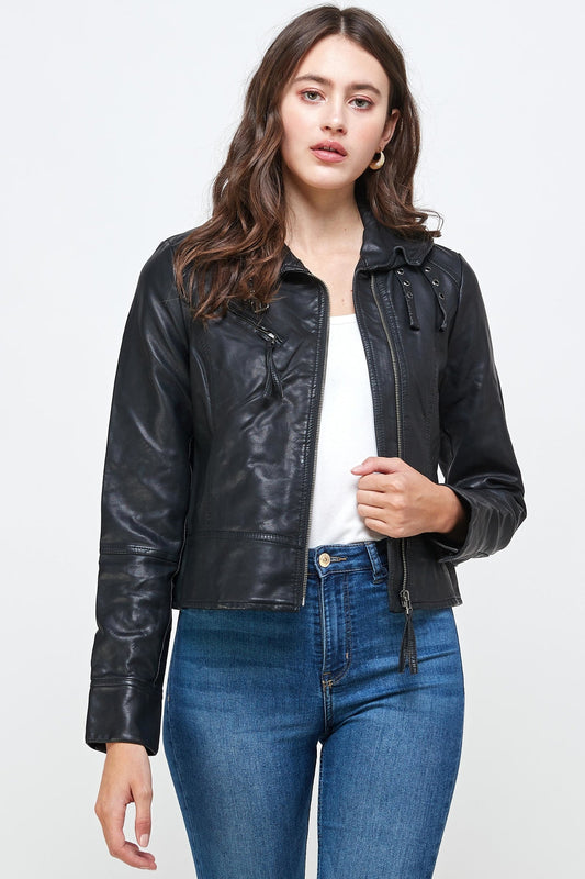 Double Buckle High Neck Vegan Leather Biker Jacket
