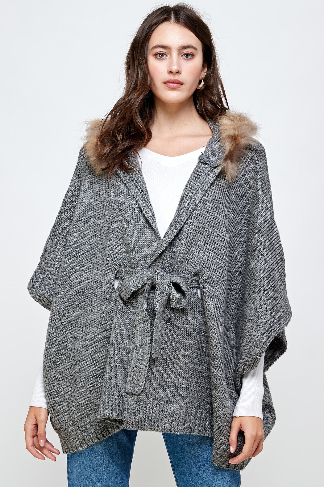 Hoodie Poncho Sweater Cardigan Fur Trim Top