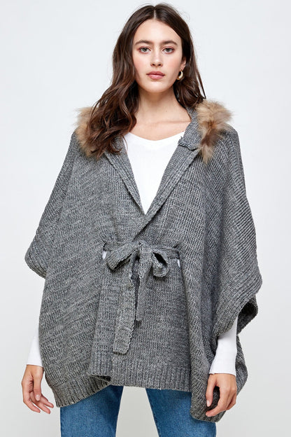 Hoodie Poncho Sweater Cardigan Fur Trim Top