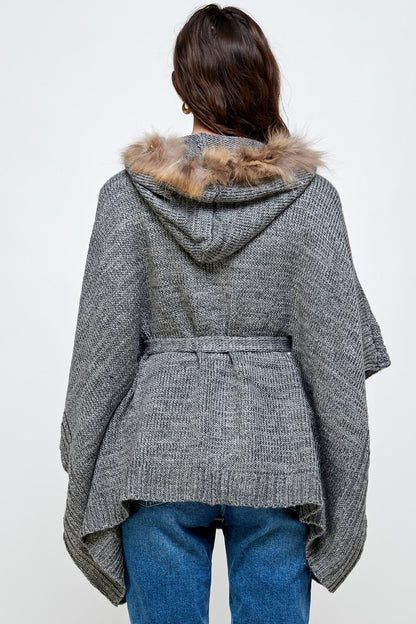 Hoodie Poncho Sweater Cardigan Fur Trim Top