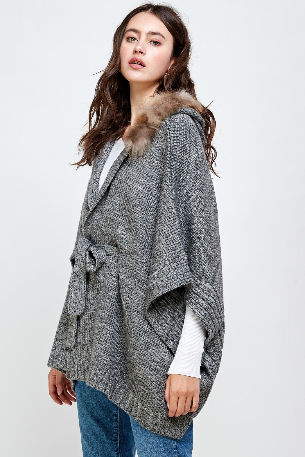 Hoodie Poncho Sweater Cardigan Fur Trim Top