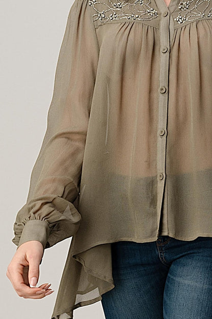 Mesh Blouse Shirt Top With Beaded Jewel Trim