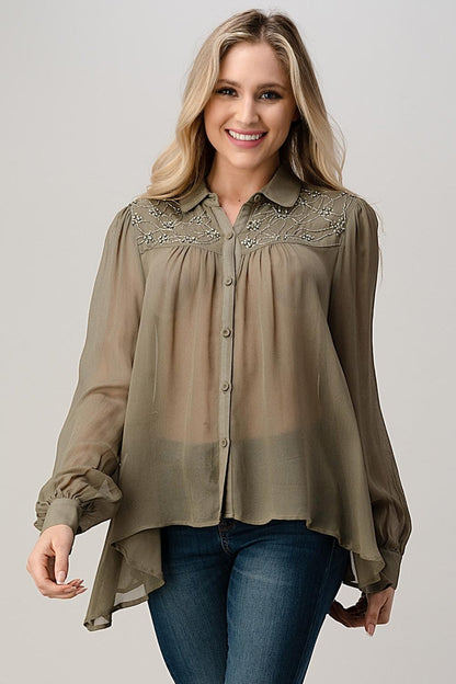 Mesh Blouse Shirt Top With Beaded Jewel Trim