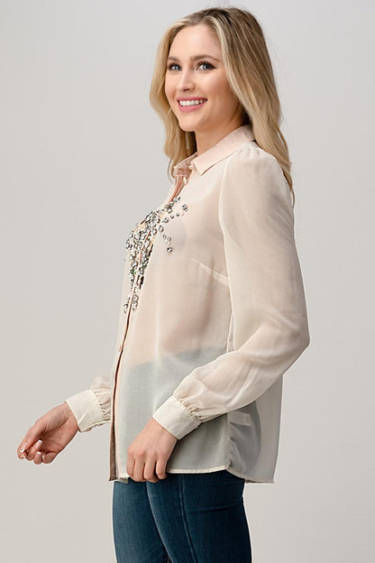 Mesh Blouse Shirt Top With Beaded Jewel Trim
