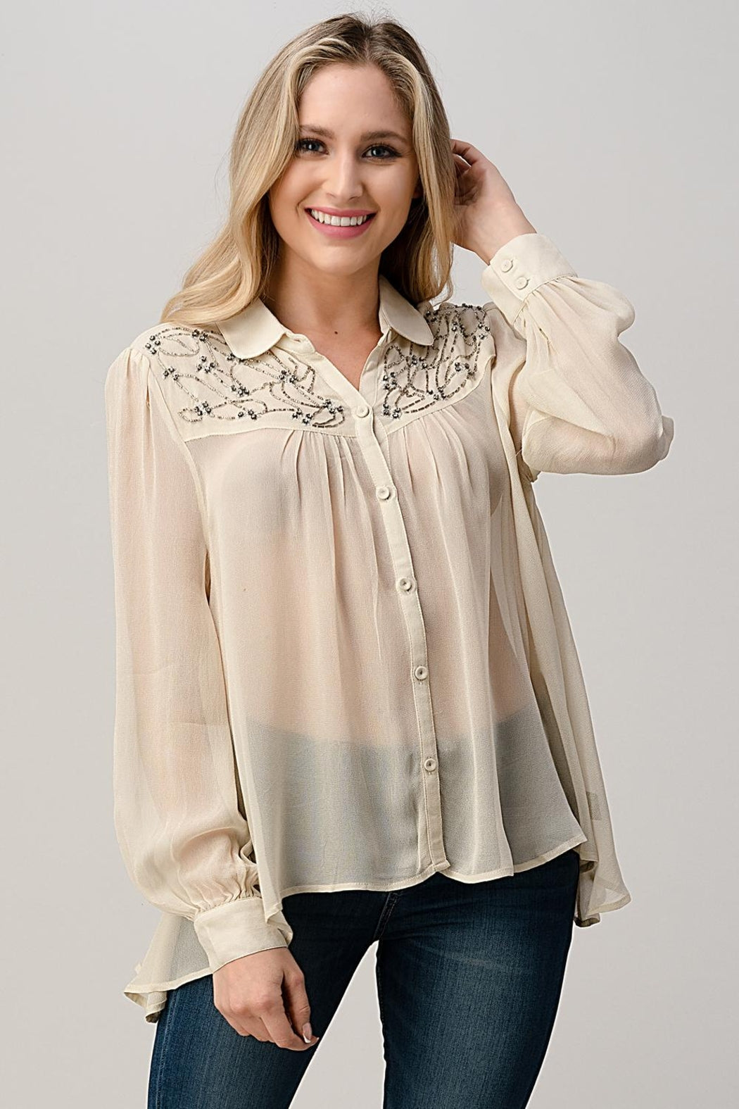Mesh Blouse Shirt Top With Beaded Jewel Trim