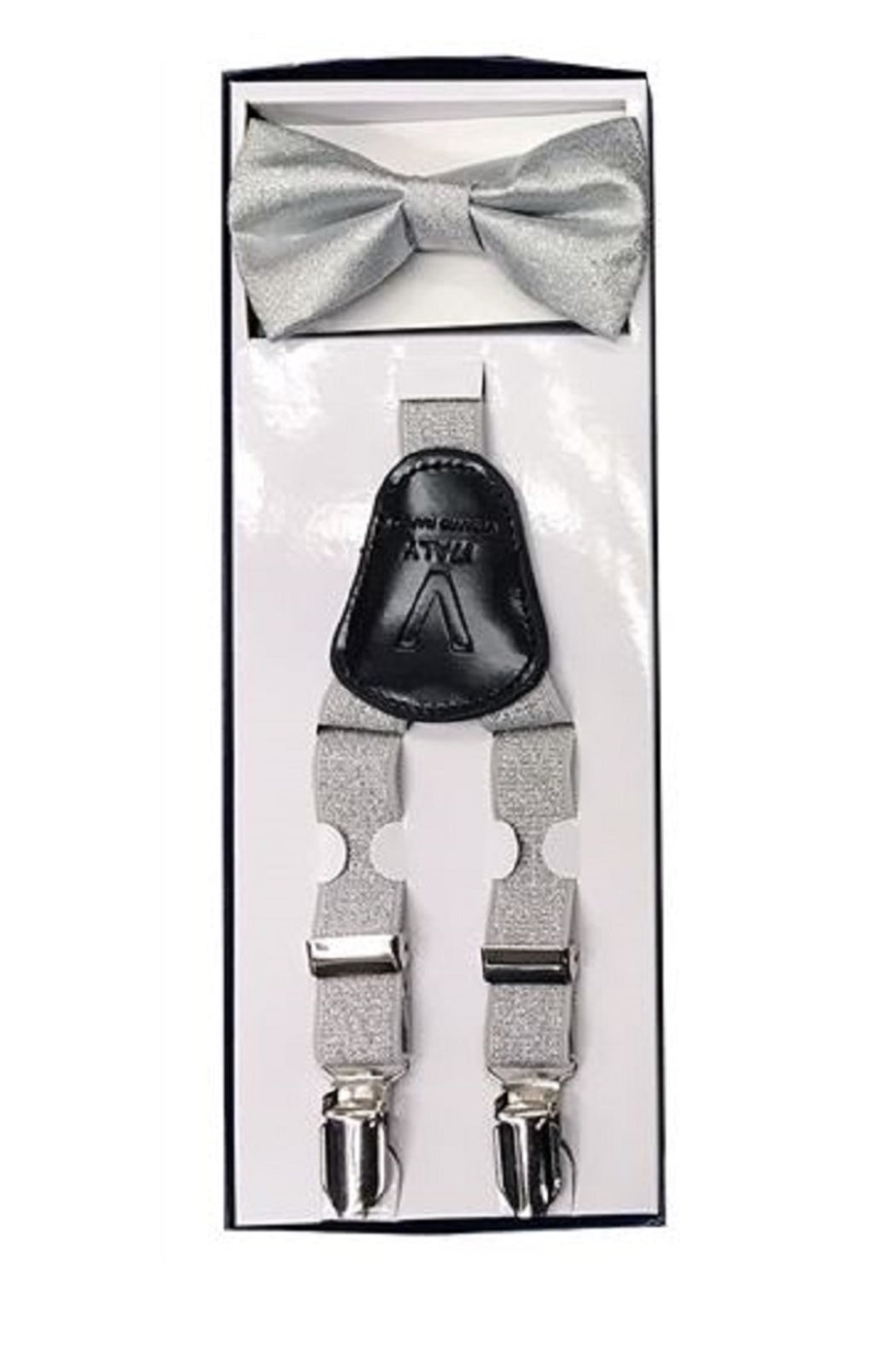 Kids Metallic Silver Suspender & Bowtie Set